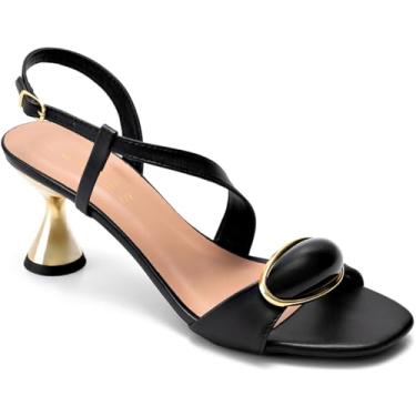 Imagem de Sandália Feminina Lumiss Salto Baixo Geométrico Metalizado Confortável Enfeite preto34