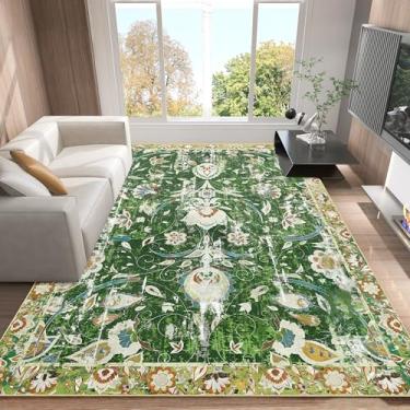Imagem de Arenarug Boho Tapete de área lavável à máquina para sala de estar quarto verde amarelo vintage floral antiderrapante resistente a manchas tapete macio interior para cozinha, sala de jantar,