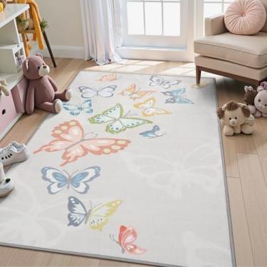 Imagem de STARUIA Tapetes de meninas para quarto, tapetes laváveis de 7 x 12 cm para sala de jogos, antiderrapante macio para quarto de criança, tapete de borboleta, tapete de bebê que não cai para creche