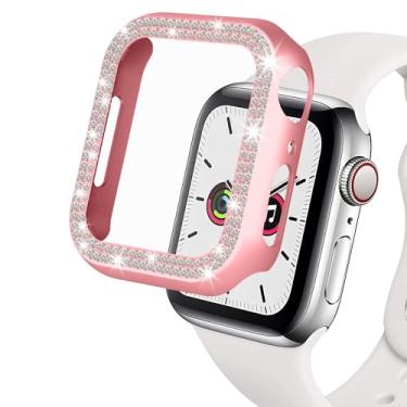 Imagem de Capas ZQCFKJ Bling (45 mm, rosa) Capa amortecedora de diamante de cristal [2 unidades] para Apple Watch séries 9/8/7 de 45 mm iWatch glitter fileira dupla moldura de diamante de aço inoxidável capa