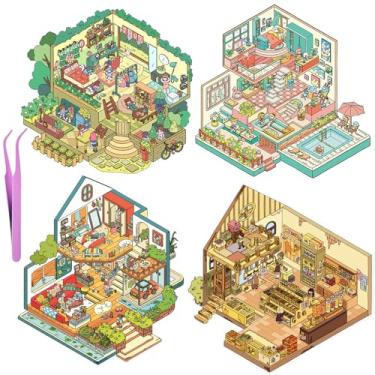 Imagem de 4 conjuntos de adesivos 3D fofos para cenas de casa 3D com pinças, loja de igreja, vila, festa, casa, cenas faça sua própria casa, adesivos de cena em miniatura