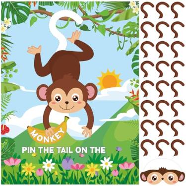Imagem de Faccito Jungle Animal Games Pin The Tail on The Monkey Safari Jogos de festa de aniversário de animais com pôster de macaco 24 peças adesivos de cauda e venda para safári selva zoológico floresta