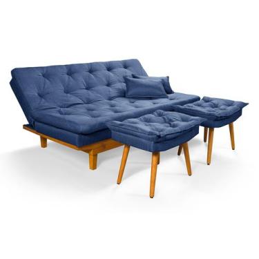 Imagem de Sofá Cama Caribe Com Duas Banquetas Linho Essencial Estofados,  Azul