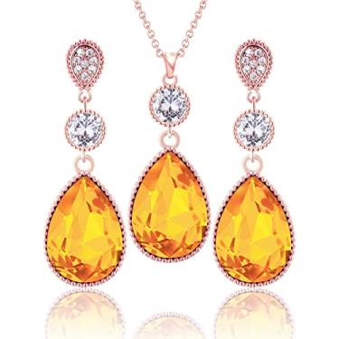 Imagem de Qinpan 18 x 13 mm Grande Pingente de Cristal Pingente de Lágrima e Brincos Conjuntos de Joias para Mulheres Banhado a Glod, 38*14.5mm, Ouro rosa, Citrino