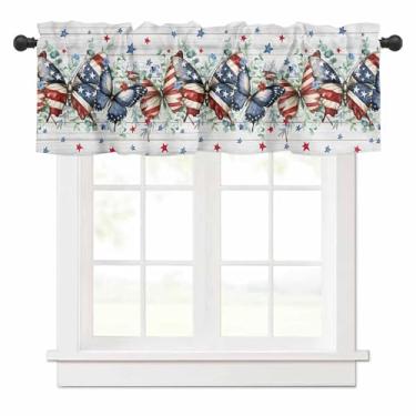 Imagem de Cortina de janela patriótica Dia da Independência com estampa de borboleta, branco, flor de madeira, 4 de julho, 137 x 45 cm, decoração de cozinha para quarto, banheiro, café