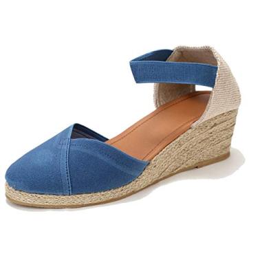 Imagem de U-lite Sandália feminina de 7,6 cm com tira elástica no tornozelo, bico redondo, fechada, alpargatas, salto cunha, Azul, 37