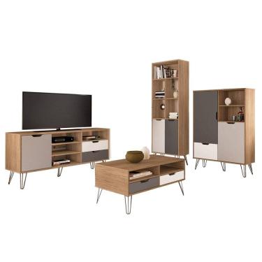 Imagem de Conjunto Para Sala Rack TV 60 Pol Carvalho Branco Grafite Prata ARLY