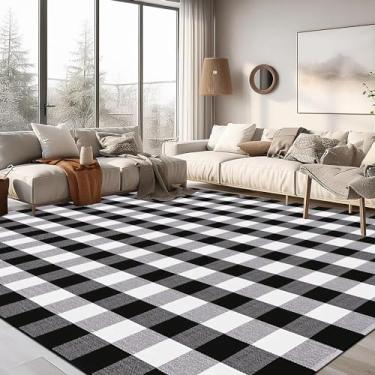Imagem de LHLJOYU Tapetes xadrez Buffalo Tapete preto e branco 14 x 19 cm, tapete de área xadrez tecido à mão de algodão, tapete lavável ao ar livre casa de fazenda/varanda da frente/sala de estar/lavanderia/quarto (xadrez, 14 x 19 cm)