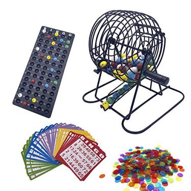 Imagem de JUNWRROW Deluxe Bingo Game Set with 6 Inch Cage, Master Board,75 Colored Balls a Bag, 50 Cards, and 500 Color Mix Chips Ideal for Large Groups