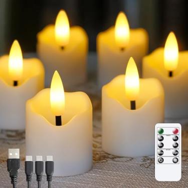 Imagem de Zevanor Controle remoto recarregável de LED sem chamas de 3,8 cm x 4,3 cm velas de luz de chá, operado por bateria, de plástico falso, temporizador de ciclo branco, pacote com 6 pequenas velas votivas