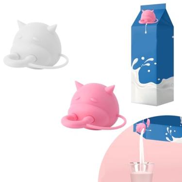 Imagem de 2 tampas de caixa de leite de úbere de vaca, capa de silicone de vaca, tampa de garrafa engraçada à prova de vazamento, desviador de papelão presentes criativos para caixa de leite (rosa, branco)