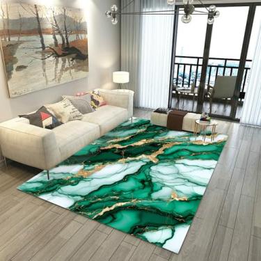 Imagem de EDGZKO Tapete de mármore verde esmeralda: Tapetes de área verde e dourado abstratos de 1,8 x 1,2 m, decoração de casa, tapete turquesa, antiderrapante, capacho lavável, tapete de chão para sala de