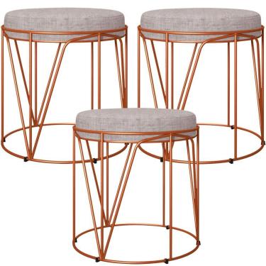 Imagem de Kit 03 Puffs Decorativo Aramado Bronze Zaya L02 Linho Cinza