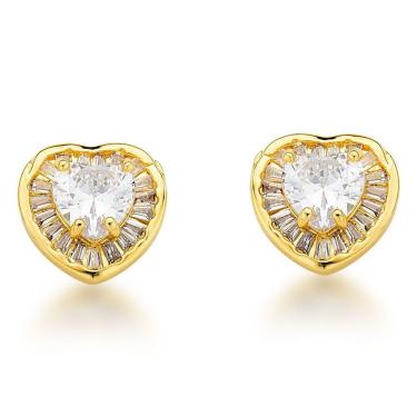 Imagem de Conjunto Colar eBrincos Coração Cravejado Banhado A Ouro 18k Cristal