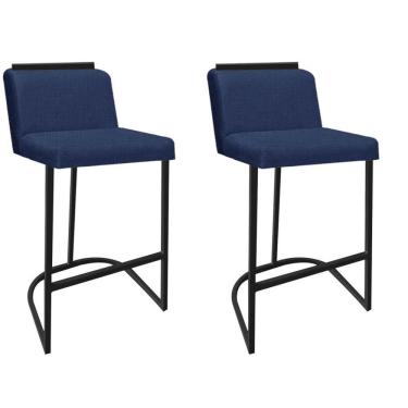 Imagem de Kit 02 Banquetas Com Encosto Confort Bistrô Cozinha Ferro Preto Linho Azul Marinho Amey Decor