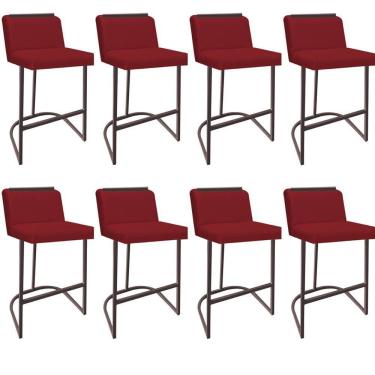 Imagem de Kit 08 Banquetas Com Encosto Confort Bistrô Cozinha Ferro Marrom Sintético Vermelho Amey Decor