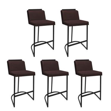 Imagem de Kit 05 Banquetas Com Encosto Confort Bistrô Cozinha Ferro Preto Sintético Marrom Amey Decor