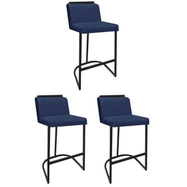 Imagem de Kit 03 Banquetas Com Encosto Confort Bistrô Cozinha Ferro Preto Linho Azul Marinho Amey Decor