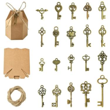 Imagem de Stiesy 20 conjuntos de caixas de presente de papel kraft com pingentes de chave vintage, caixa de armazenamento dobrável, chaveiro de bronze antigo, lembrancinhas de festa para lembrança, aniversário
