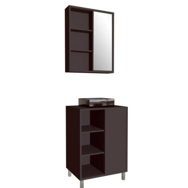 Imagem de Gabinete De Banheiro 60cm Julia Com Balcão 1 Porta Correr E Espelheira Com Cuba Preta Grafite