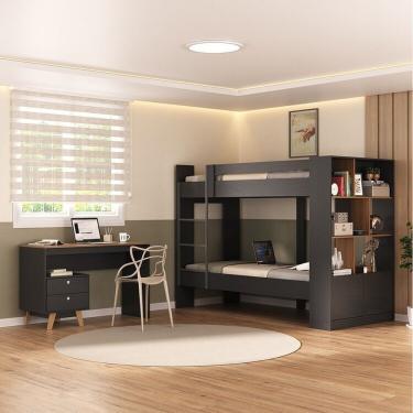 Imagem de Quarto Juvenil Completo Zest Com Beliche E Escrivaninha 2 Gavetas Grafite/nogal