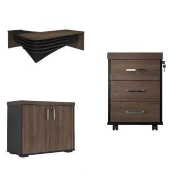 Imagem de Kit 3 Peças Com Mesa Diretor Em L E Tamburato Balcão Multiuso 2 Portas E Gaveteiro 3 Gavetas Charuto Preto