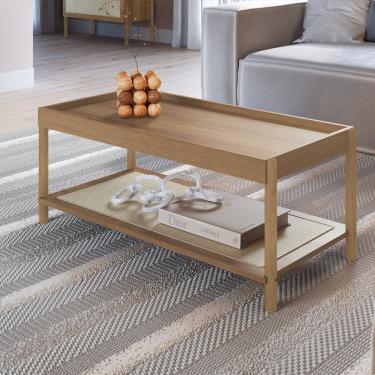 Imagem de Mesa De Centro Retangular Com Prateleira 93cm Palhinha Pé Madeira Oslo Hanover