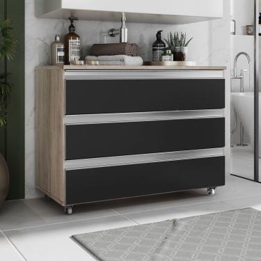 Imagem de Gabinete Banheiro Rodinhas Joia 80cm 03 Gavetas Madeirado Preto