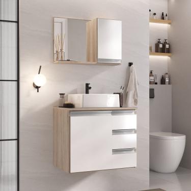 Imagem de Conjunto Gabinete Banheiro Prisma 60cm - Gabinete + Cuba + Espelheira - Com Vidro Madeirado Branco