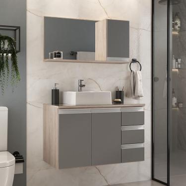 Imagem de Conjunto Gabinete Banheiro Prisma 80cm Gabinete + Cuba + Espelheira Com Vidro Madeirado Cinza