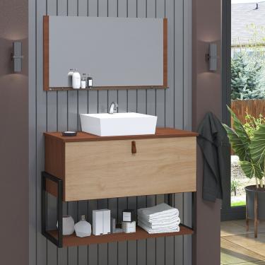 Imagem de Gabinete De Banheiro Vegas 1 Prateleira 1 Porta 80cm Natura E Freijó Amadeirado - Bege