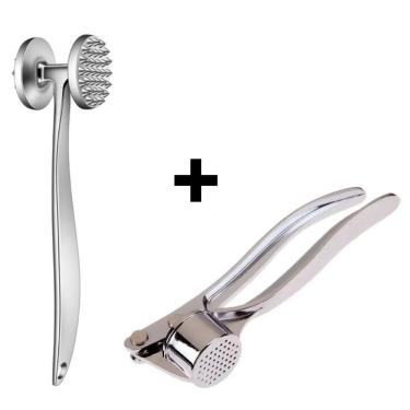 Imagem de Kit Martelo Batedor Amaciador De Carne Profissional + Espremedor Triturador Amassador Profissional De Alho