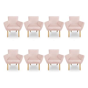 Imagem de Kit 8 Poltronas Decorativa Leticia Suede Rosa Bebê Pés Palito Castanho - Pallazio