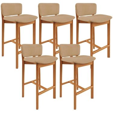 Imagem de Kit 5 Banquetas Dara Assento em Linho Estrutura em Madeira Encosto Fixo Bege para Cozin...