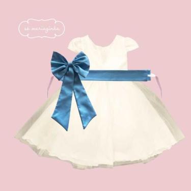 Imagem de Vestido longo Off White com Faixa e Laço AZUL BEBÊ Infantil Festa eleg