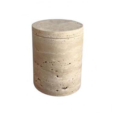 Imagem de StonePlus Mármore Natural Travertino Pequeno Vaso Para Velas Cotonete Caixa Armazenamento Pote Com Tampa (Travertino Bege)