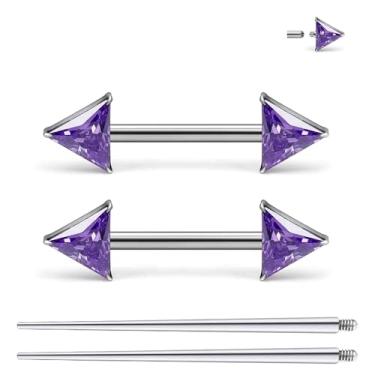 Imagem de Ruifan Piercing de mamilo de titânio roscado internamente anel triângulo roxo CZ língua anéis de barra reta piercing corporal joias para mulheres homens 14G 14 mm com cone de piercing reto