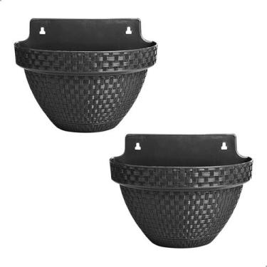 Imagem de Kit 2 Vaso de Parede Meia Lua Preto 3L com Prato Antidengue 24x18x16cm