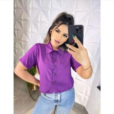 Imagem de Blusa Feminina Cropped Camisa Social Botões Em Viscolinho - amora mora
