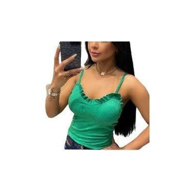 Imagem de Blusa canelada com bojo alça fina decote babado roupa feminina - Filó 