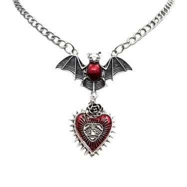 Imagem de GYRMMUE Colar de morcego gótico, vintage, cristal vermelho, morcego, vampiro, caixão, coração, estilo punk, misterioso, joia de Halloween, Large, Liga de aço, Sem Pedra Preciosa