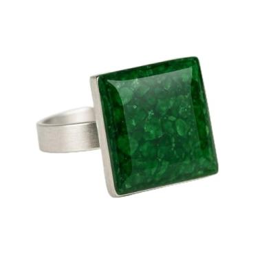 Imagem de Anel Quadrado com Pedra Quartzo Verde com Resina, Ajustável, Banho de Prata, Design Minimalista