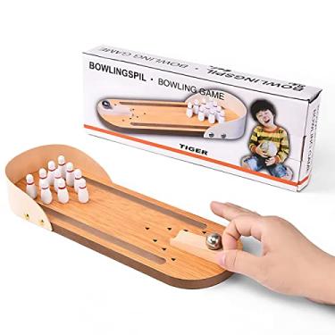 Imagem de Awulo Conjunto de mini jogos de boliche de mesa - jogo de boliche de madeira com base, 10 pinos de boliche, rampa, bola de aço - jogo divertido para ambientes internos/externos para adultos e crianças