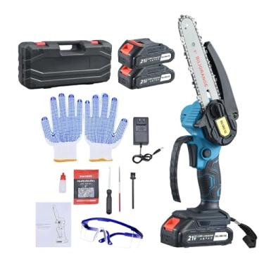 Imagem de BALIORANGE Mini motosserra sem fio de 15 cm, motosserra elétrica alimentada a bateria, com 2 baterias de 2,0 Ah e 2 supercorrentes para aparar árvores, galhos, corte de madeira (azul)