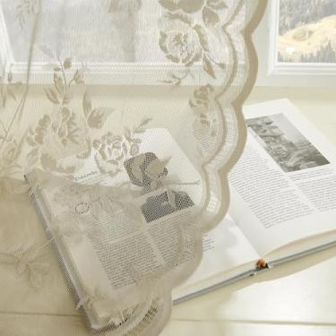 Imagem de Cortinas de renda cáqui 182 cm de comprimento, conjunto de 2 painéis, cortinas transparentes florais vintage para sala de estar, quarto, bolso de varão, filtro de luz, cortinas de janela francesas