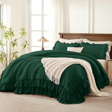 Imagem de Andency Conjunto de edredom King California verde escuro, 3 peças, leve, fofo, casa de fazenda, chique, conjunto de cama king-size, de microfibra macia para todas as estações (104 x 96 polegadas)