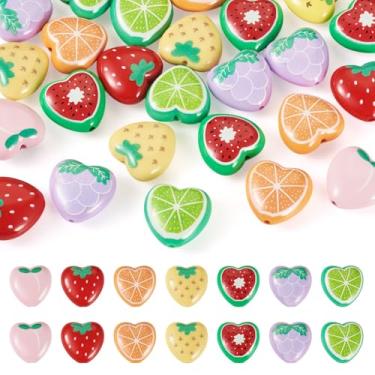 Imagem de Boutigem 28 peças de contas de coração de acrílico com tema de frutas, melancia, limão, laranja, pêssego, uva, morango, amor, coração, contas, fruta, espaçador, contas soltas, para artesanato DIY