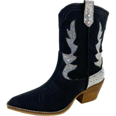 Imagem de ARIDER GIRL SLY Bota feminina com strass de cristal adornado salto empilhado bico fino Western Ankle Boots, Preto, prata, 40