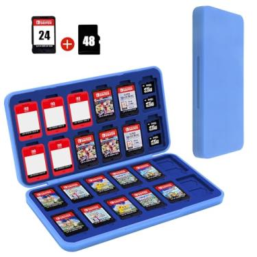 Imagem de FYY Suporte de jogo Nintendo Switch para Switch 2 cartucho com 24 compartimentos para cartão de jogo e 48 compartimentos para cartão micro SD, revestimento rígido, forro de silicone azul claro azul