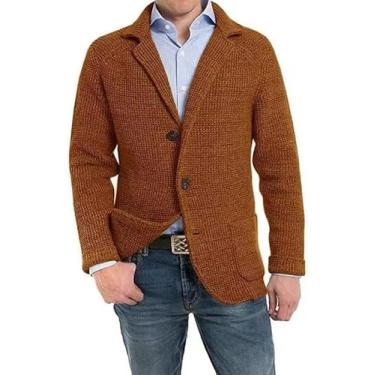 Imagem de Cardigan Masculino Suéter Gola Xale Blazer Jaqueta Slim Fit Casaco Esportivo Vintage Inteligente Blazer Casual Botão Para Baixo Jaquetas De Suéter De Malha Com Bolsos, Brown, XL